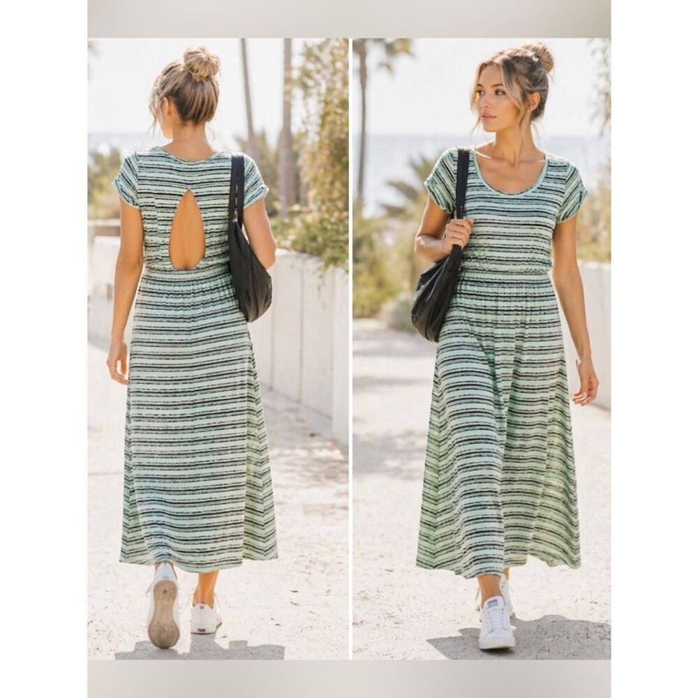 Derek Heart Mint Green Gray Stripe Cutout Back Maxi T-Shirt Dress  M